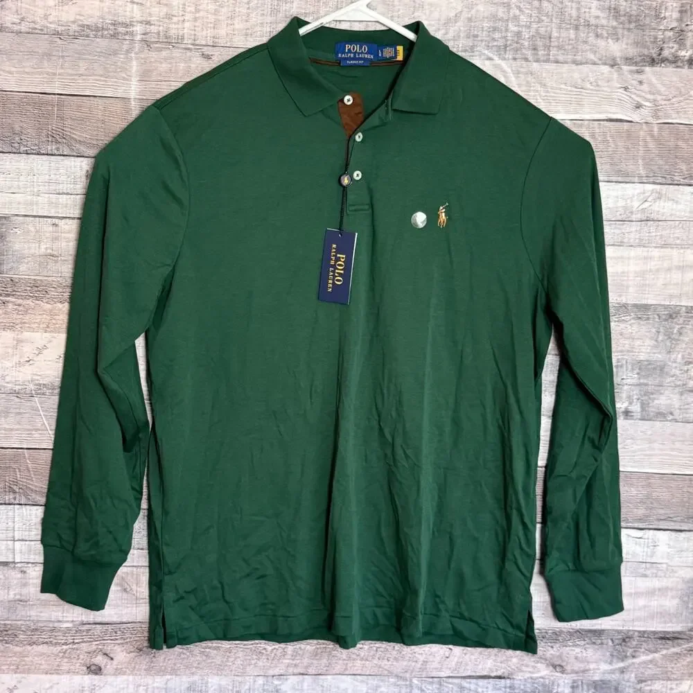 Polo Ralph Lauren Polo Shirt Mens Large Green Long Sleeve Classic Fit Pony NEW